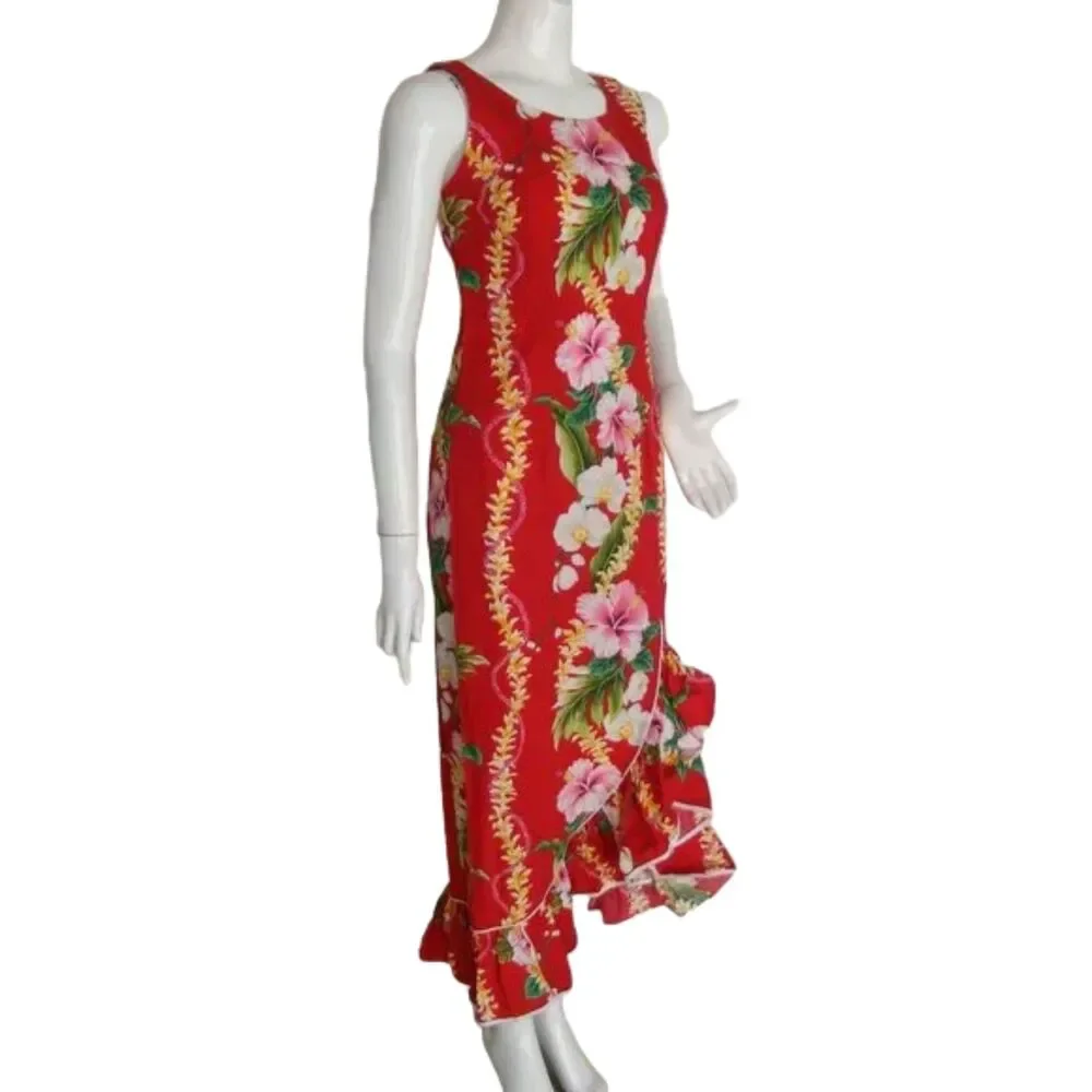 ROYAL CREATIONS Maxi Dress, S, Red, Floral, Ruffled Asymmetrical Hem, Sleeveless - Picture 3 of 10